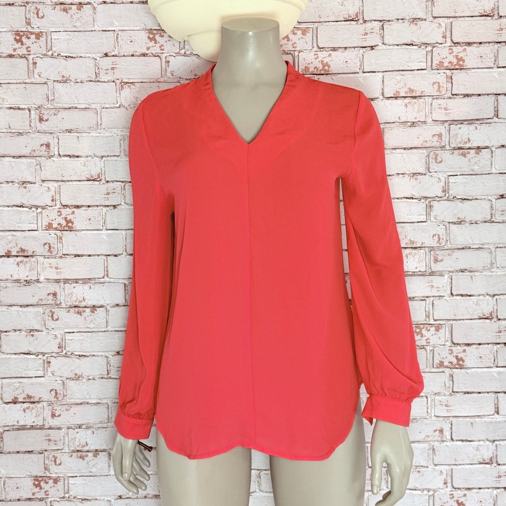 Violet + Claire Womens Coral Pink V-Neck Bishop Sleeve Blouse M Office Career